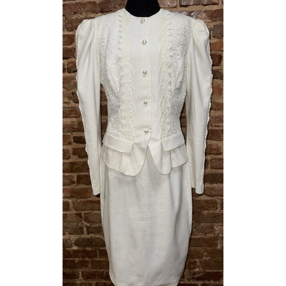 90’s Jessica McClintock White Linen Lace Skirt Suit 12 wedding bridal courthouse - Picture 3 of 15